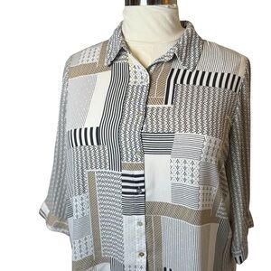 Rose And Olive Plus Button Up Top Womens 1X Neutral Patchwork Business Casual‎